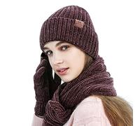 LumiSyne Winter 3 In 1 Mütze Schal Handschuh Sets Für Herren Damen Exquisite Jacquard Einfarbig Schal Beanie Strickmütze Touchscreen Handschuhe Fortschrittlicher Weicher Chenille Stoff (Rot)