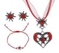 LUMOOM Trachtenschmuck Set Damen mit Edelweiß Halskette und Ohrstecker, Bayerische Trachtenkette ffür Damen Bierfest Trachten Dirndl Outfit (Rot)