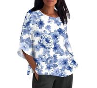 LUNULE Angebot des Tages, Damen Bluse Sommer Leinenbluse Damen Blumendruck 3/4 Ärmel T Shirt Elegant Tunika Rundhals T-Shirt Oberteile Bluse Kurzarm Kurze Bluse Damen(Royal Blue,XL)