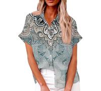 LUNULE Angebote des Tages Heute Damen, Bluse Damen Sommer Hemd Damen 3D Drucken Kurzarm Oberteile V-Ausschnitt Button Down Hemdbluse Lässige Tunika Tops Damen Blusen Bluse Tunika(Blue,M)