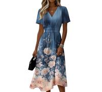 LUNULE Ballkleider Damen Lang, Cocktailkleid Elegant Lange Kleider Für Hochzeit Vintage Blumen Druck V-Ausschnitt Kurzarm Midikleid Locker Casual Schwarzes Sommerkleid Plisseekleid (Dunkelblau,XL)