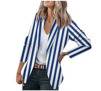 LUNULE Blazer Damen Gestreiftes Langarm Jacke Anzug Casual Knopf Open Front Jacket Business Beige Blau(Blue,XL)