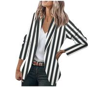 LUNULE Blazer Für Damen Weiss Gestreiftes Langarm Jacke Anzug Casual Knopf Open Front Jacket Business Sommer Kostüm Elegant(Black,M)