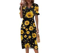 LUNULE Boho Kleid Damen, Hochzeitsgast Damen Rotes Blumen Druck V-Ausschnitt Kurzarm Midikleid Tunika Slim Fit Sommerkleid Kleider Weiss Abendkleid Kurz Spitzenkleid (Saffron,XL)