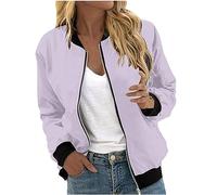 LUNULE Bomberjacke Damen Sommer Jacke Übergangsjacke Einfarbig Langarm Kurz Coat Sommerjacke Mit Reißverschluss Leichte Blouson Jeans Jacken Für(Light Purple,M)