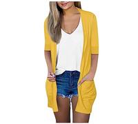 LUNULE Cardigan Damen Sommer Schwarze Strickjacke Einfarbig 3/4 Ärmel Mit Taschen Casual Locker Open Front Outwear Cordjacke Jacke Elegant (Gelb,XXL)