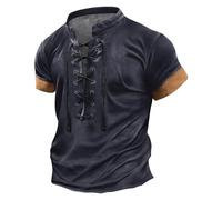 LUNULE Compression Shirt Polo Shirts Männer Mittelalter Retro Schnüren Henley V-Ausschnitt Kurzarm Sweatshirt Herren Fitness Gym (Schwarz,M)