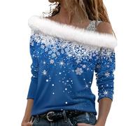 LUNULE Damen Bluse Weihnachts Sweatshirt Tshirt Strickjacke Weihnachten 3D Druck Plüsch Schulterfrei Langarm Pulli Shirt Mit Schulterriemen Xmas Strickjacken Für Damen (Blue, S)