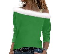 LUNULE Damen Oberteile Weihnachten Top Decken Hoodie Damen Shirts Damen Weihnachten 3D Druck Plüsch Schulterfrei Langarm Pulli Shirt Mit Schulterriemen Xmas Umstandsshirt (Green, S)
