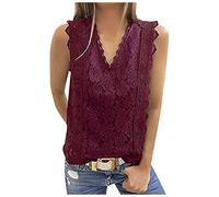 LUNULE Damen Tops Sommer Y2K Top Blusen Sexy Einfarbig Spitze Tanktops V Ausschnitt ÄRmellos Basic Weste Blusen FüR Frauen Elegant Casual (Rot, S)