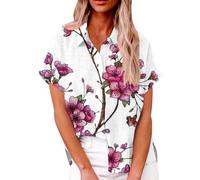 LUNULE Damenmode Sale, Blusen & Tuniken Für Damen Musselin Damen Blumendruck Kurzarm Oberteile Button Down Revers Basic Hemdbluse Mit Tasche Musselin Bluse Tunika Damen Elegant(Purple,L)