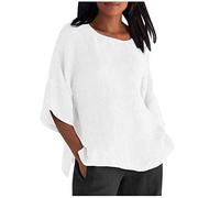 LUNULE DamenTunika Damen Sommer Damen-T-Shirt Einfarbig Baumwolle Leinen Bluse 3/4 Ärmel V-Ausschnitt Oberteile Elegant Tunika Schwarz Shirt Weiss