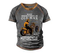 LUNULE Faschingskostüm Herren Indianer Kostüm Herren Motorrad Drucken Shirts Vintage Old Man Tshirt Kurzarm T-Shirt Rundhals Sport Tops Casual Sommer Oberteile Jungen Bluse Kurzarmshirt Grau