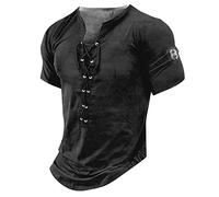 LUNULE Flanellhemd Herren Weisses Hemd MäNner Hemd Kurzarm Herren MäNner Mittelalter Retro SchnüRen Henley Shirt V-Ausschnitt Kurzarm Vintage Casual Tshirts Sommer Outdoor Herren-Strings (Schwarz, M)