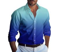 LUNULE Herren Hemd Langarm Schwarzes Gradient Druck Button Down Hemden Lässige Loose Fit Beach Shirt Freizeithemd Leicht Kariert (Blau,L)