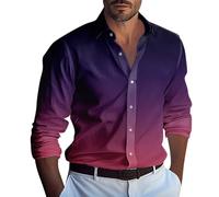 LUNULE Herren Shirt Langarm Funktionsshirt Gradient Druck Button Down Hemden Lässige Loose Fit Beach Freizeithemd Leicht Trachtenhemd (Dark Purple,XXL)