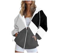 LUNULE Hoodie Jacke Damen Shirtjacke Farbblock Langarm Sweatshirt Mit Kapuze Zipper Kapuzenjacke Sport Oversize Pullover Oberteil(Black,XXL)