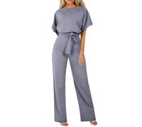 LUNULE Hosenanzug Damen Sommer Einfarbig Overall Weites Bein Bodysuit Kurzarm Bequeme Hochzeitsgast Business Outfit Set Mode 2 Teilig Casual Romper Loungewear