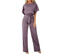 LUNULE Hosenanzug Damen Sommer Einfarbig Overall Weites Bein Bodysuit Kurzarm Bequeme Hochzeitsgast Business Outfit Set Mode 2 Teilig Casual Romper Loungewear