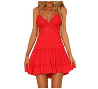LUNULE Kleid Damen Sommer Strandkleid Damen Etuikleid Damen Frauen Einfarbig Spitze Patchwork V-Ausschnitt SpaghettiträGer RüCkenfrei Minikleid Elegant Damen Kleid Schwarz (Rot, 5XL)