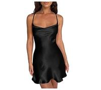 LUNULE Kleid Hochzeitsgast Damen Schulterfreies Kleid Damen Kleider Elegantfrauen Einfarbig Satin SpaghettiträGer V-Ausschnitt RüCkenfrei Slim Minikleid Elegant ÄRmellos Midi Kleid (Schwarz, M)