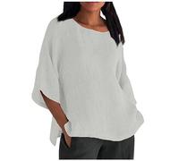 LUNULE Leinenbluse Damen Sommer Tshirt Rot Einfarbig Baumwolle Leinen Bluse 3/4 Ärmel V-Ausschnitt Oberteile Elegant Tunika Lang Trompetenärmel