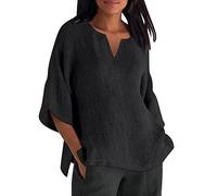LUNULE Musselin Bluse Damen Sommer Einfarbig Baumwolle Leinen 3/4 Ärmel V-Ausschnitt Oberteile Elegant Tunika Shirt Casual Locker Leinenbluse Longbluse Oversize Tshirt Leichte Basic Blusentop