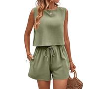 LUNULE Musselin Set Damen, 2 Teiler Damen Sommer Jogginganzug Baumwolle Leinen Tank Top Und Shorts Kurz Teilig Loungewear Leinenanzug