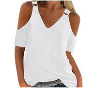 LUNULE Oberteile Damen Sommer Wollpullover Damen Sportoberteil Damen Fitness Frauen Einfarbig Tank Top V Ausschnitt Kalte Schulter Kurzarm Basic Weste Blusen Sommer Casual Crop Top Sport (White, M)