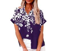 LUNULE Outlet Angebote, Bluse Damen Sommer Bluse Damen Blumendruck Button Down Revers Hemd Oversize Kurzarm Longbluse Casual Damen Tunika Sommer Tunika Italienische Mode(Purple,XL)