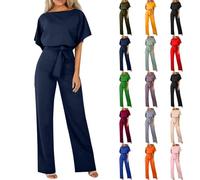 LUNULE Overall Damen Sommer Einfarbig Weites Bein Bodysuit Kurzarm Hosenanzug Bequeme Hochzeitsgast Business Outfit Set Mode 2 Teilig Casual Romper Loungewear