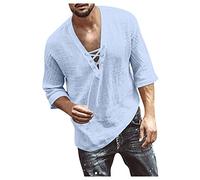 LUNULE Poloshirt Herren Crop Top Trachtenhemd Weiß Mittelalter Vintage Baumwolle Leinen Schnürhemd V-Ausschnitt 3/4 Ärmel Basic Henley Hemd Tshirt Lang
