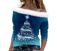 LUNULE Pullover Damen Herbst Weihnachtspullover Unisex 3D Weihnachtstil Blazer Unterhemden Mädchen Weihnachten Druck Plüsch Schulterfrei Langarm Pulli Shirt Mit Schulterriemen Xmas Strickkleid