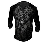 LUNULE Pullover Herren Hawaii Hemd Männer T-Shirt Herren Weiß Retro Totenkopf Drucken Henley Shirt V-Ausschnitt Freizeithemd Gotisch Lustig 3D Druck Sweatshirt Mit Knöpfe Schwarz 4XL