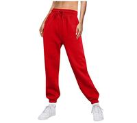 LUNULE Sale Angebote, Leinenhose Damen Sommer Joggpants Damen Einfarbig Sporthose Mit Taschen Und Tunnelzug Fitness Laufenhose Straight Bein Hose Yoga Hosen Damen Marlenehose Damen(Red,XXL)