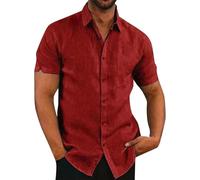 LUNULE Schwarzes Hemd Herren Einfarbige Baumwolle Leinen Hemden Button Down Freizeithemden Regular Fit Businesshemd Sommer Hawaiihemd Casual Leichtes Kurzarmhemd (Wine,XL)