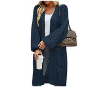 LUNULE Strickjacke Mit Kapuze Damen Trachten Langarm Grobstrick Jacke Taschen Einfarbig Lang Open Front Sweater Outwear Strand Kimono