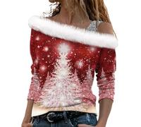 LUNULE Sweatshirt Pullover Mit Muster Strickkleid Kleidung Weihnachten 3D Druck Plüsch Schulterfrei Langarm Pulli Shirt Mit Schulterriemen Xmas Kuscheljacke Damen Flauschig (Hot Pink, S)