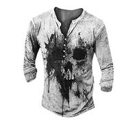 LUNULE T Shirt Herren Freizeithemd Herren Langarm T Shirt Herren Retro Totenkopf Drucken Henley Shirt V-Ausschnitt Freizeithemd Gotisch Lustig 3D Druck Sweatshirt Mit Knöpfe Weiß XXL