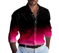 LUNULE T Shirt Herren Langarm Freizeithemden Für Gradient Druck Button Down Hemden Lässige Loose Fit Beach Freizeithemd Leicht Hemd Schwarz (Hot Pink,L)