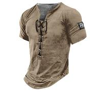 LUNULE T Shirts MäNner Bauchfreie Tops Arbeitshemd Herren MäNner Mittelalter Retro SchnüRen Henley Shirt V-Ausschnitt Kurzarm Vintage Casual Tshirts Sommer Outdoor Batik Shirt (Braun, XXL)