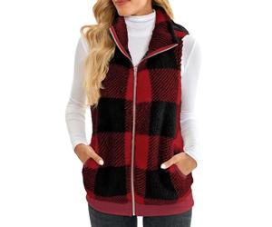 LUNULE Teddy Weste Damen Winterweste Verdickter Plüsch Weste Thermo Kuschelweste Reißverschluss Kariert Fleeceweste Herbst Winter Bequeme Weich Teddyjacke Leicht Casual Damenweste Übergangsjack