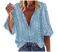 LUNULE Top SpaghettiträGer T Shirt Damen Tanktops Frauen Bedrucken V-Ausschnitt Halbarm Basic Button Down Hemd Sommershirt Elegant Casual Lockere Revers Bluse V Ausschnitt Damen (Blau, XL)
