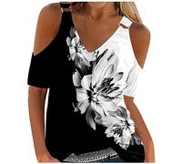 LUNULE Top SpaghettiträGer WeißEs Tshirt Off Shoulder Oberteil Damen Frauen Einfarbig Tank Top V Ausschnitt Kalte Schulter Kurzarm Basic Weste Blusen Sommer Casual WeißEs Crop Top Damen (Black, XXL)