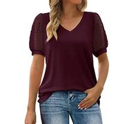 LUNULE Tunika Damen Sommer Sexy Tops Damen Stillnachthemd Sommer Swiss Dot Aufdruck Kurzarm Shirt V Ausschnitt Puff ÄRmel Basic T-Shirts FüR Frauen Kleid Strand (Wine, L)