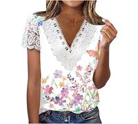 LUNULE Tunika Damen Sommer Sweatshirt Jacke Damen Mit Kapuze Black Crop Top Frauen Blumendruck T Shirt Spitze Patchwork V Ausschnitt Kurzarm Basic T-Shirt Elegant Kurzarmbluse (Green, L)