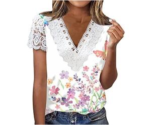 LUNULE Tunika Damen Sommer Sweatshirt Jacke Damen Mit Kapuze Black Crop Top Frauen Blumendruck T Shirt Spitze Patchwork V Ausschnitt Kurzarm Basic T-Shirt Elegant Kurzarmbluse (Green, L)