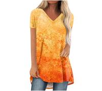 LUNULE Tunika Damen Sommer Trachtenbluse Damen Festliche Oberteile Damen Frauen ÜBergrößE Gradient Aufdruck Tshirts V Ausschnitt Kurzarm Basic Lang Blusen Sommer Casual (Orange, M)