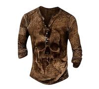 LUNULE Weihnachtspullover Herren Shirt Langarm Herren T Shirt Schwarz Herren Retro Totenkopf Drucken Henley Shirt V-Ausschnitt Freizeithemd Gotisch Lustig 3D Druck Sweatshirt Mit Knöpfe Kaffee 4XL