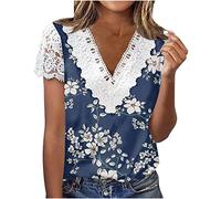 LUNULE WeißEs Top Mit Spitze Unterhemd Damen Baumwolle Tunika Damen Sommer Strand Frauen Blumendruck T Shirt Spitze Patchwork V Ausschnitt Kurzarm Basic T-Shirt Elegant Damen Bluse Langarm (Blue, L)